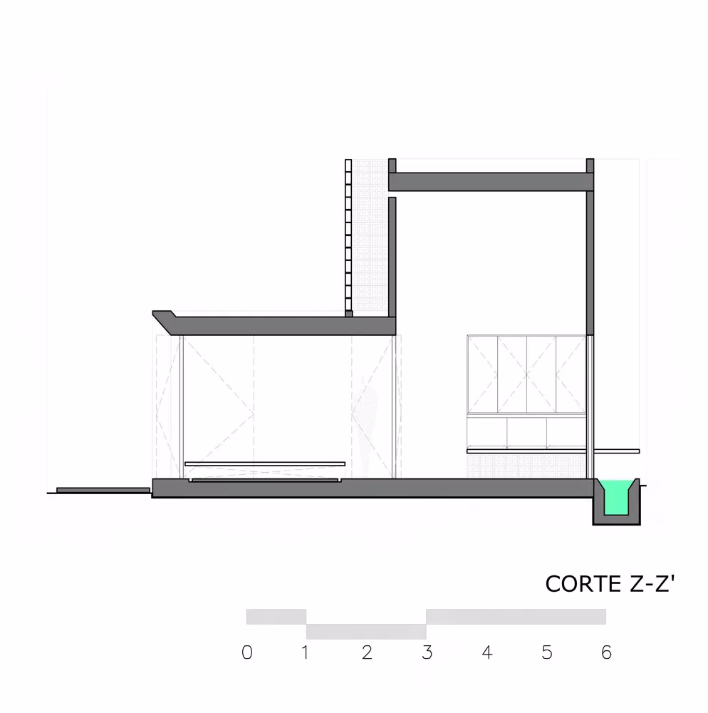 Sección Z de la Casa Gabriela de Taller de Arquitectura Contextual con el canal de agua y la escalera