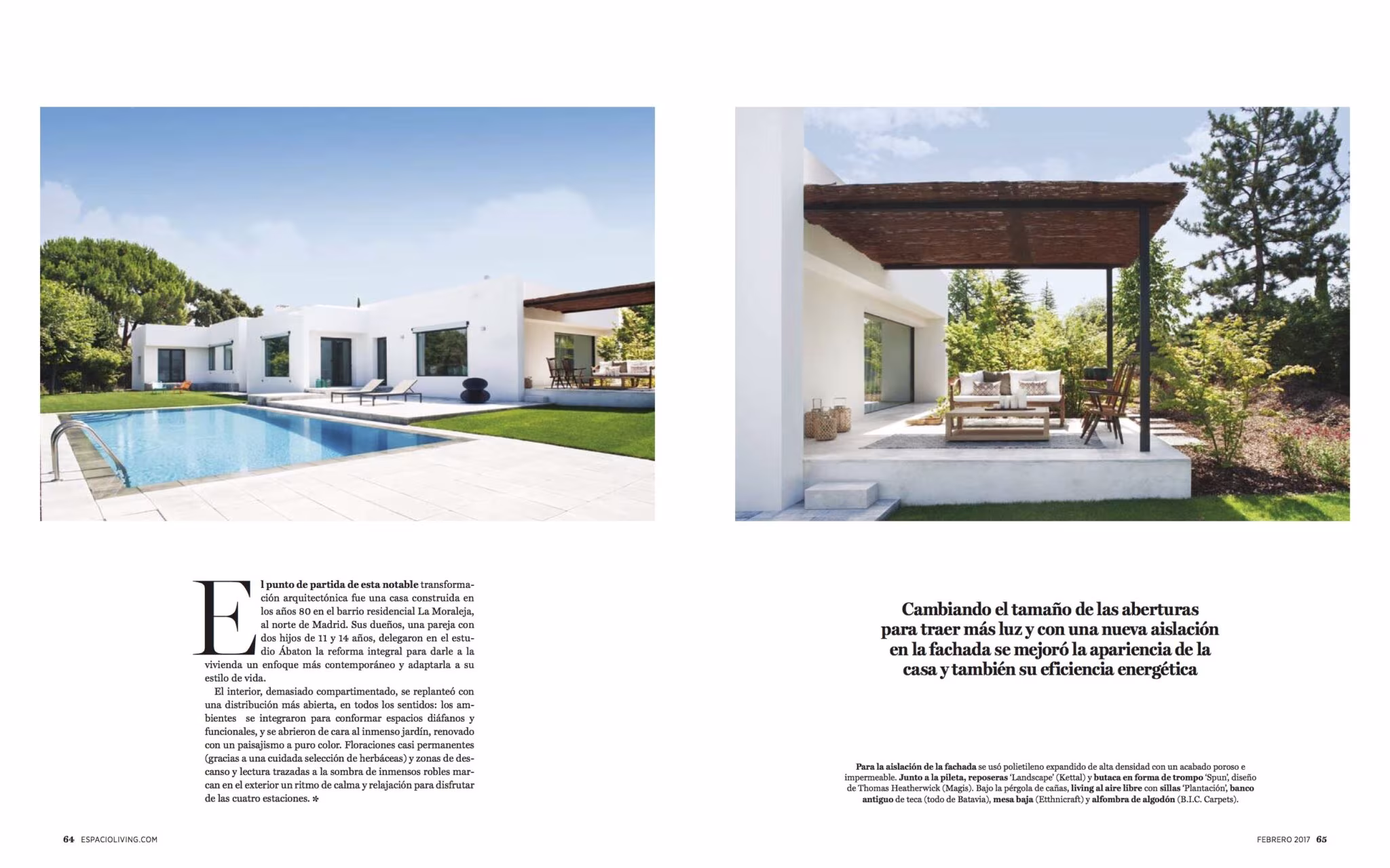 Páginas de Living con la casa de La Moraleja de Ábaton, la piscina alargada y la pérgola de madera