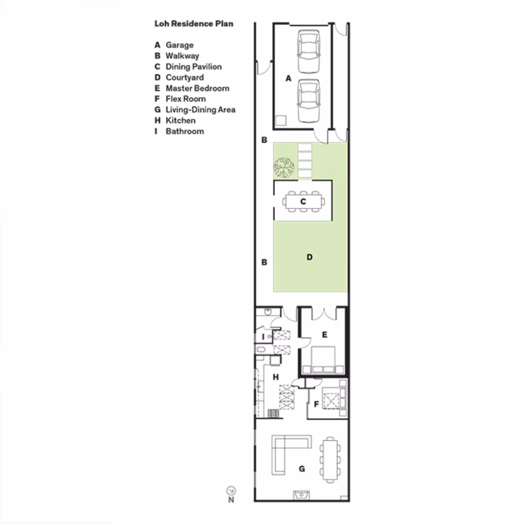 Shotwell Residence de Todd Davis Plano de planta Plano de planta estrecha de la Shotwell Residence con garaje, patio, pabellón de comedor y dormitorio principal