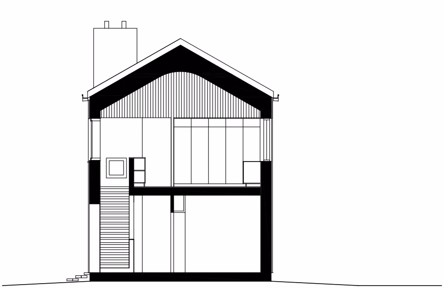 Sección transversal de la House H de Hirvilammi Architects con la cubierta a dos aguas y la escalera interior