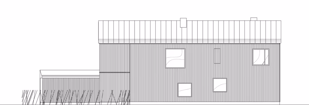 Alzado este de la House H de Hirvilammi Architects, con el volumen de dos plantas y el anexo bajo