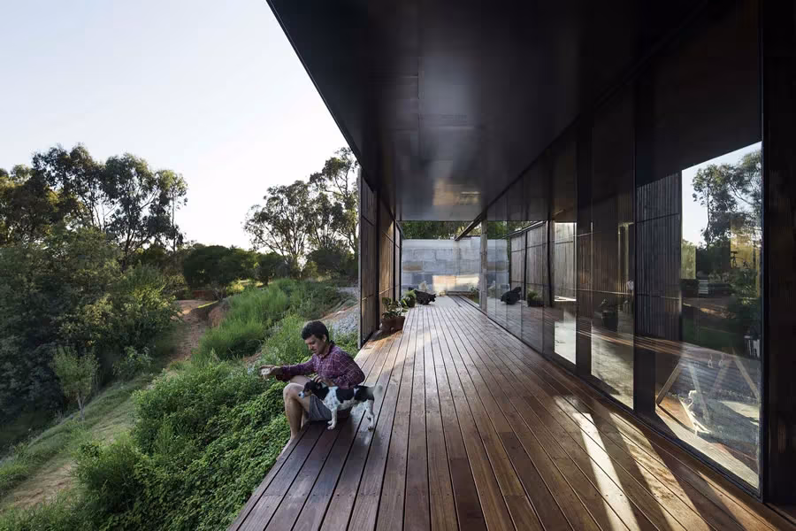 Galería de madera acristalada de la Sawmill House con un habitante sentado y un perro, frente a la ladera