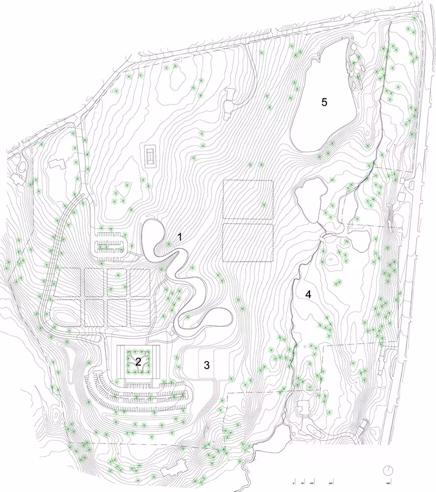 Plano de emplazamiento de Grace Farms con The River, el estanque y las curvas de nivel del parque