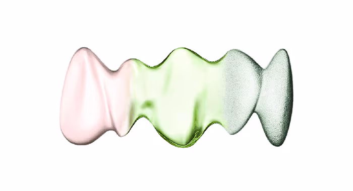 Forma ondulada en degradado rosa y verde que representa los perfumes Starck Paris de Philippe Starck