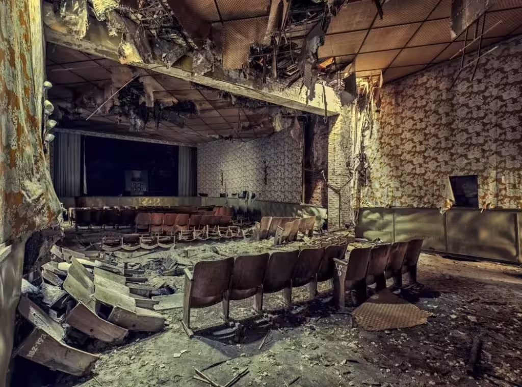 Detalle de un cine que muestra su abandono poético desgarrador