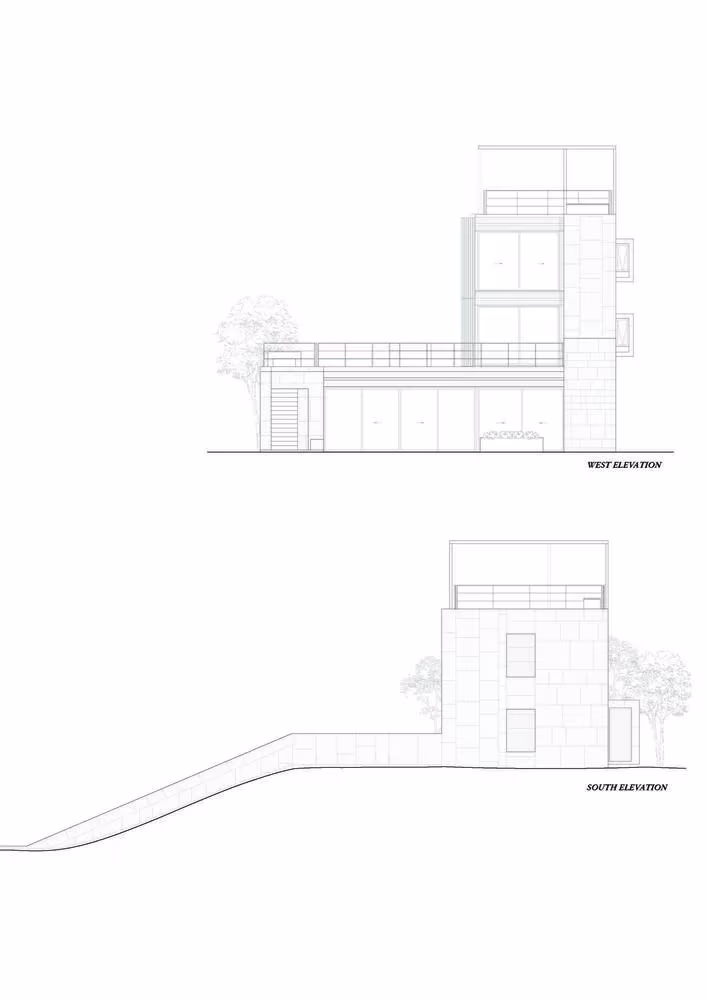 Alzados oeste y este de The Courtowers con la torre sobre la terraza y el terreno en pendiente