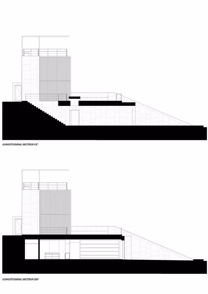 Secciones longitudinales de The Courtowers con la vivienda excavada en la ladera bajo la torre
