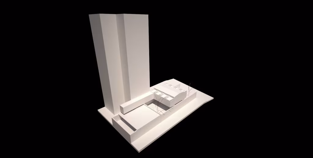 Maqueta blanca de la Casa Fanego junto a la torre medianera de la parcela estrecha