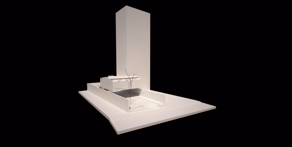 Maqueta de la Casa Fanego desde otro ángulo, con la torre vecina y el volumen bajo de la vivienda