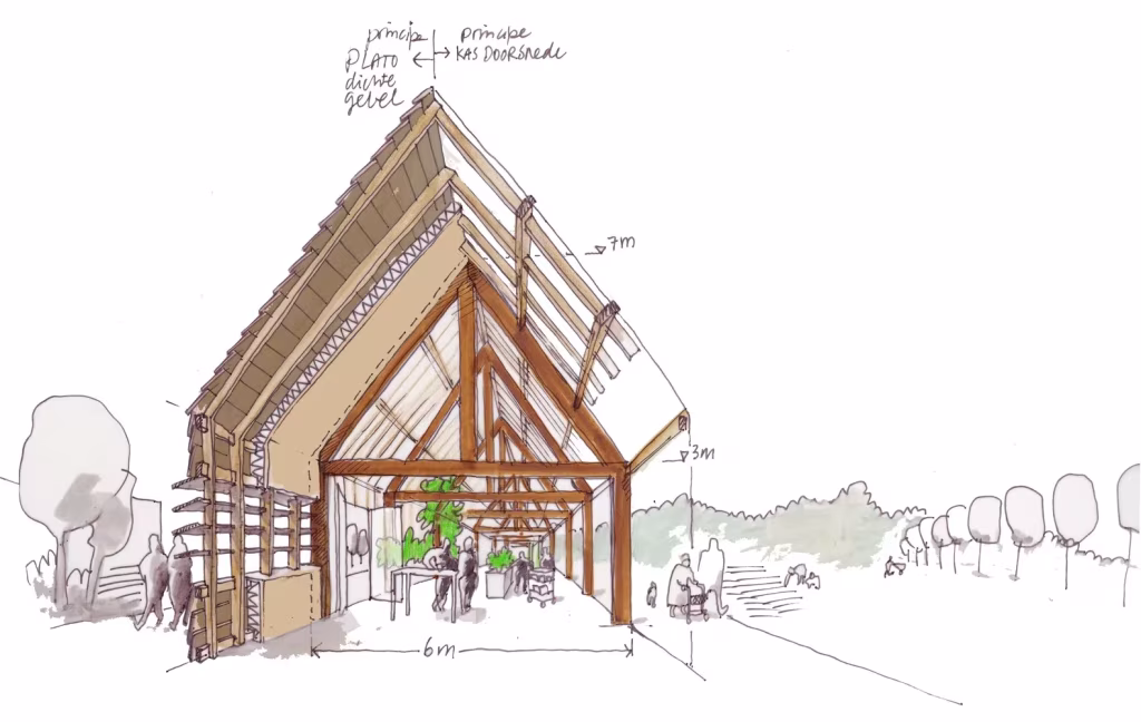 Croquis de la estructura de madera con cerchas de la escuela de horticultura de RO&AD Architecten