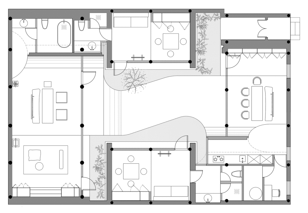 Plano de planta de la Twisting Courtyard House en Pekín con estancias alrededor de un patio sinuoso