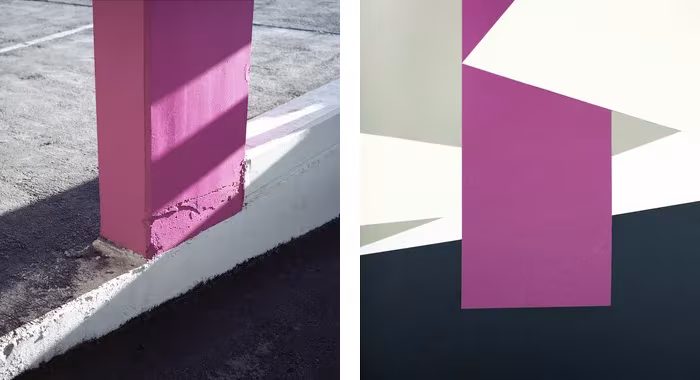 Fotografía arquitectónica de un pilar rosa sobre gris junto a su versión abstracta en papel de Nina Band