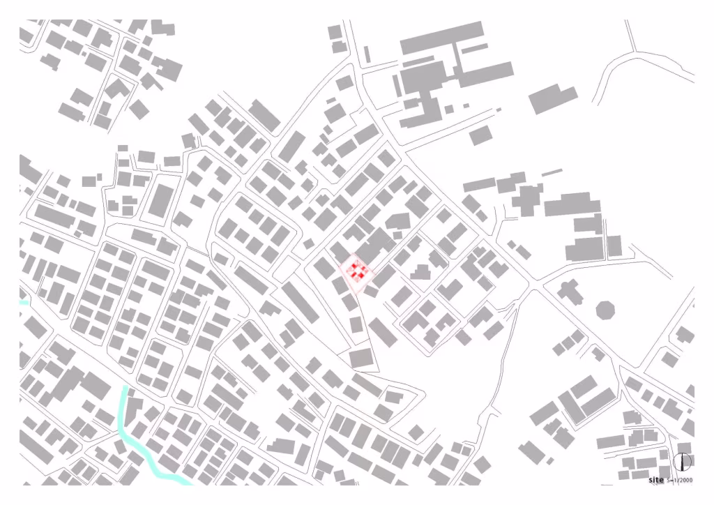 Plano de situación de la Casa Yagiyama marcada en rojo dentro de la trama de manzanas del barrio