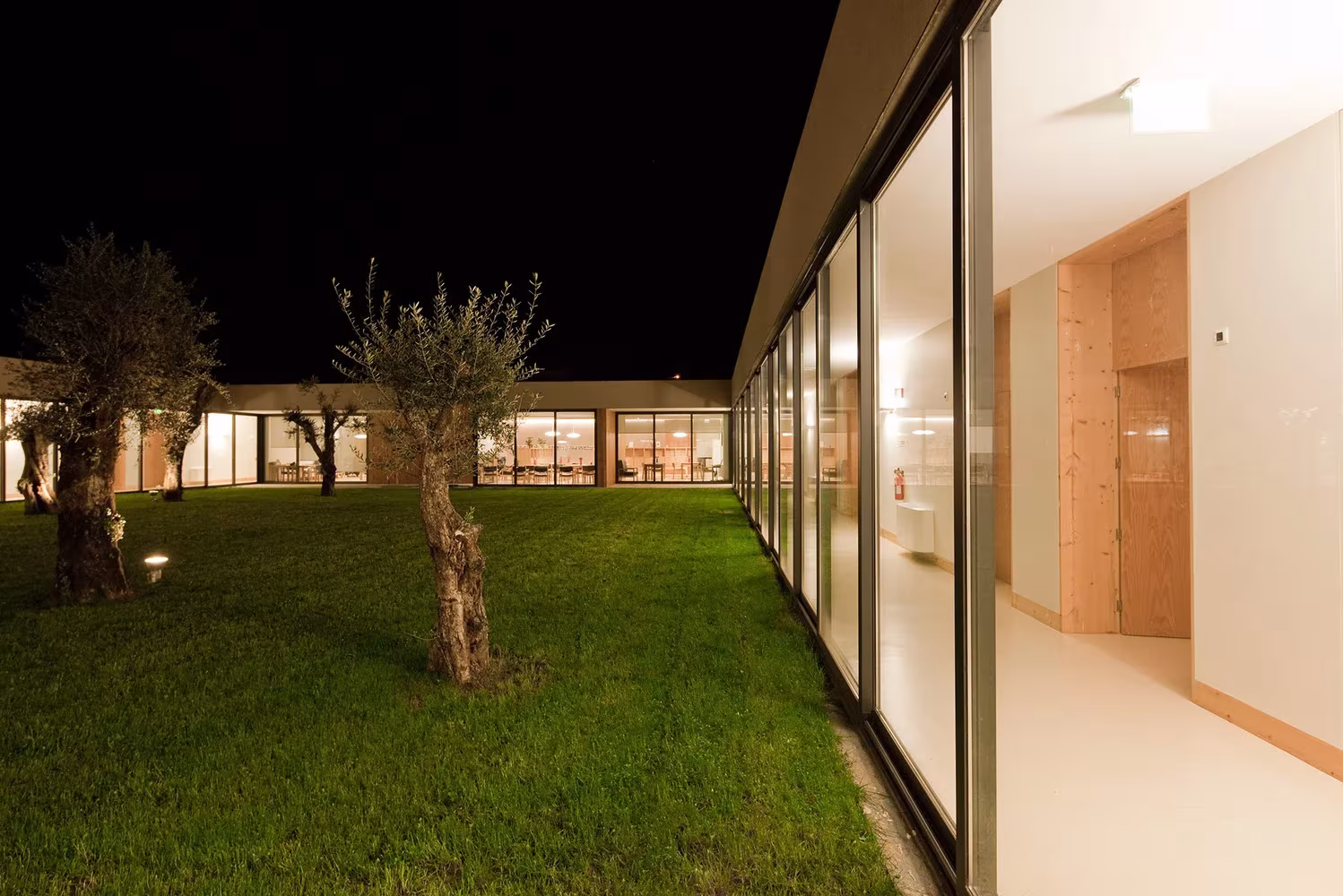 Galería acristalada nocturna de la residencia Casa de Magalhães junto al patio de césped y olivos