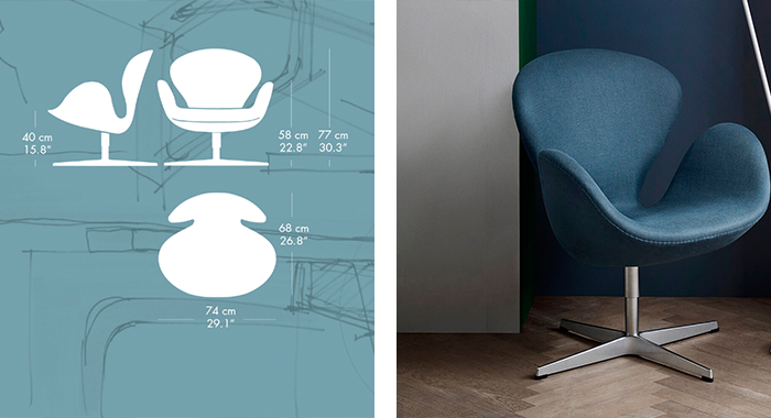 Detalle de las medidas y el tapizado de la butaca Swan de Arne Jacobsen