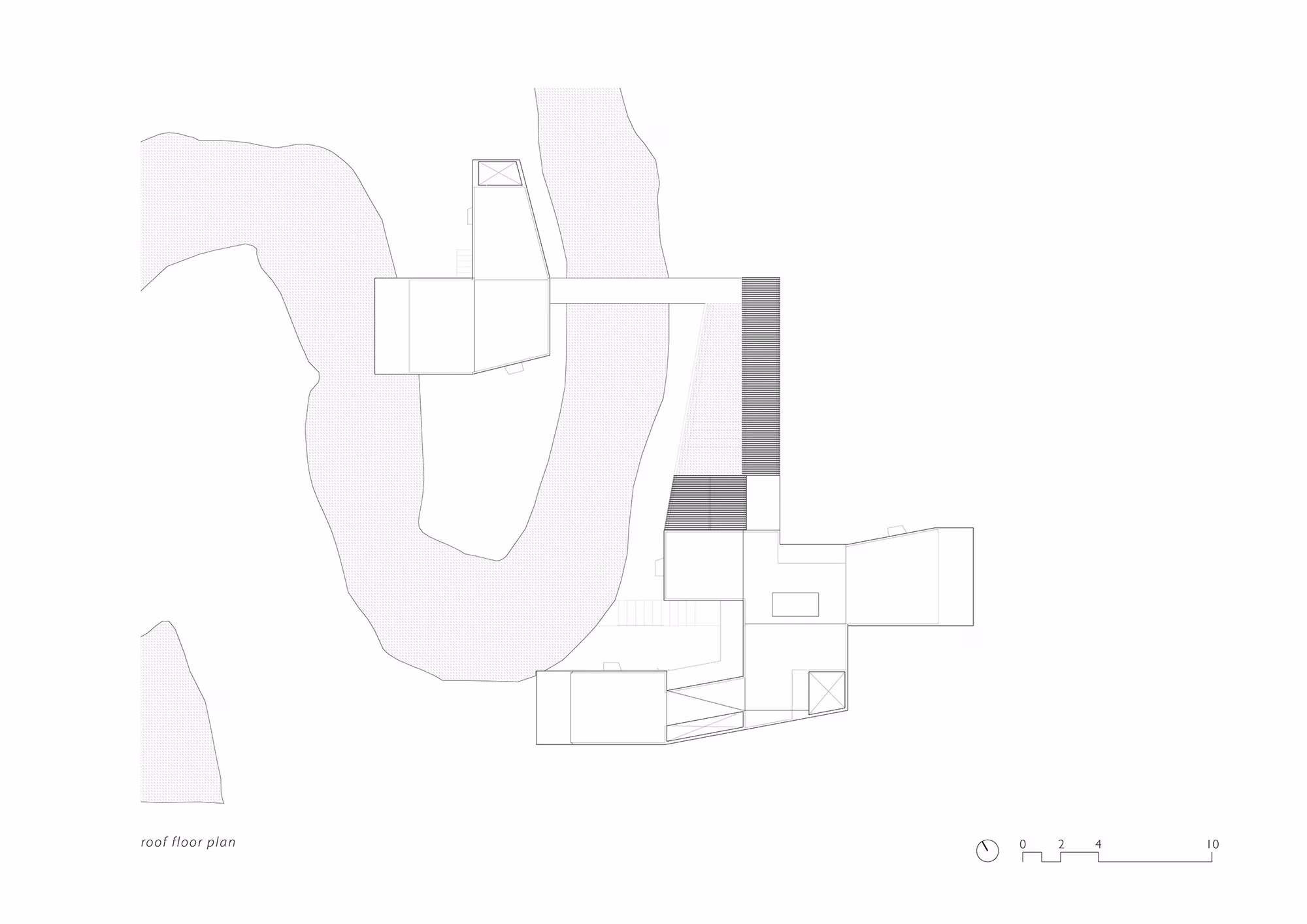 Plano de cubiertas de la Casa sobre el arroyo con los volúmenes rodeando el meandro del cauce