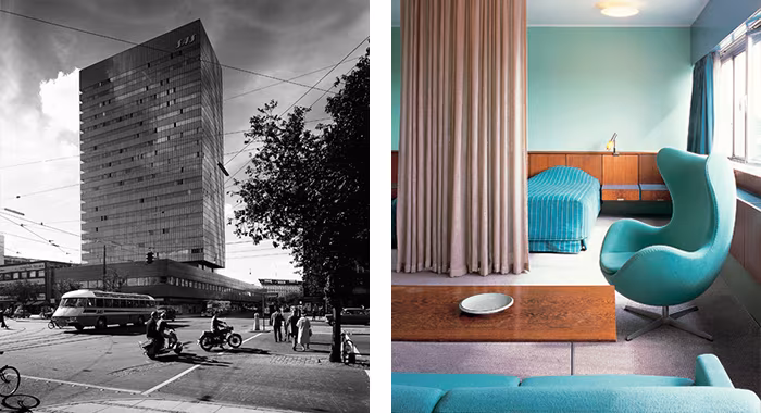 Torre del Royal Hotel de Copenhague de Arne Jacobsen y una habitación con butaca Egg turquesa y cortina