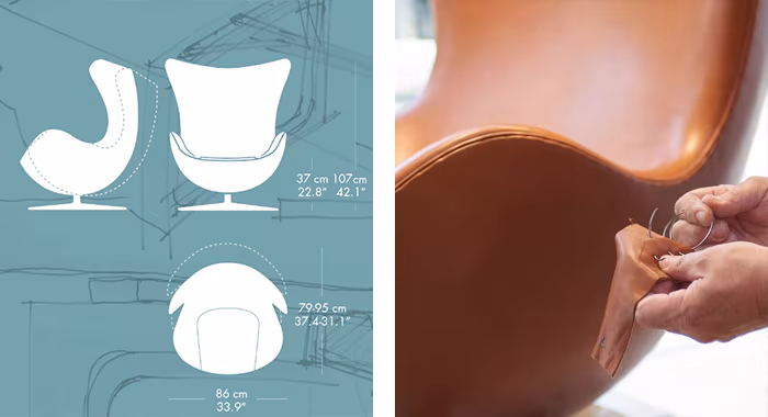 Esquema con medidas de la butaca Egg de Arne Jacobsen y detalle de su tapizado de cuero