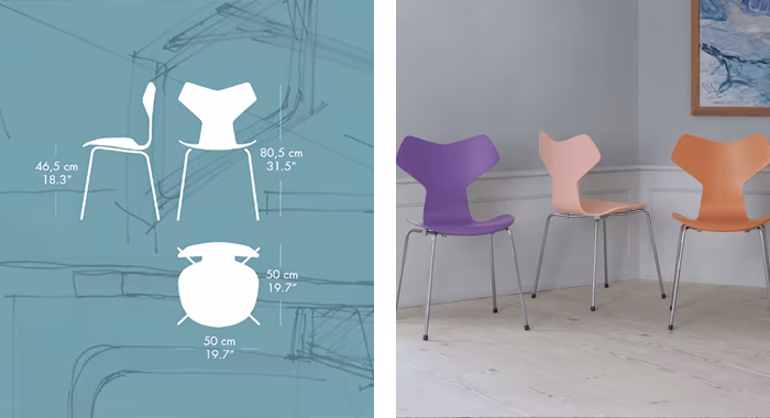Detalle medida y acabados de la Silla Gran Prix de Arne Jacobsen