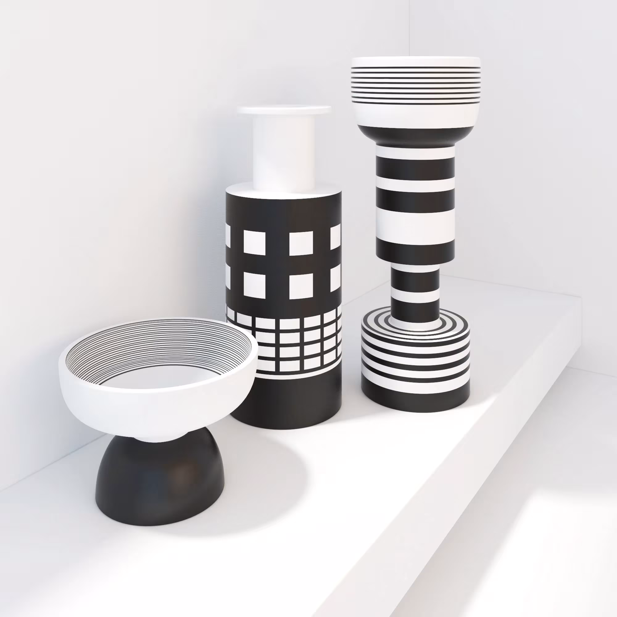 Jarrones cilíndricos y cuenco de cerámica de Bitossi con dibujos geométricos en blanco y negro