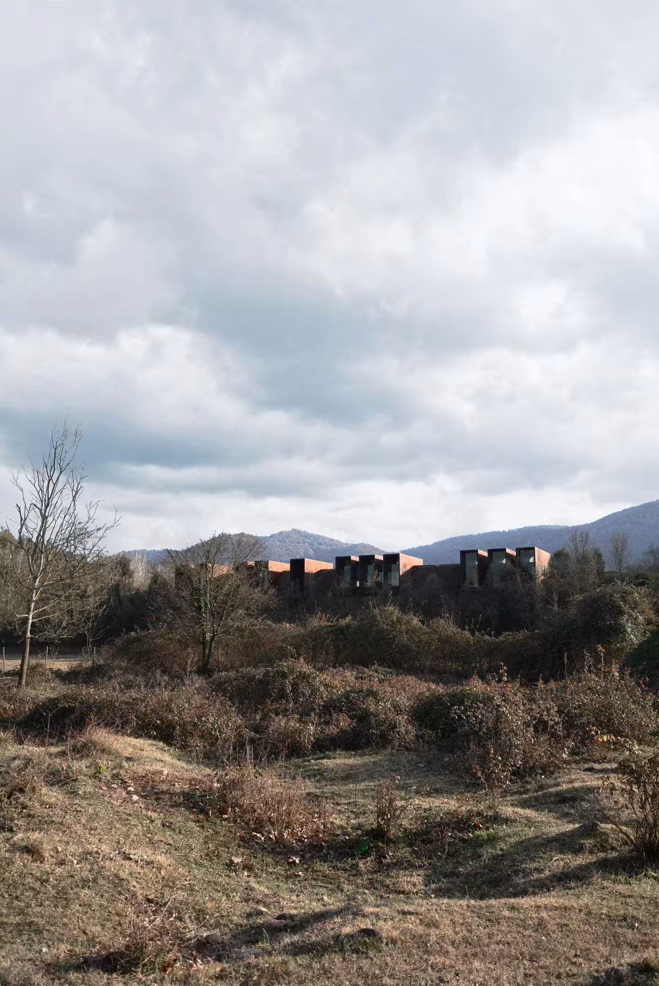 Silueta oxidada de la Casa Horizonte tras el monte bajo, bajo un cielo nublado de la Garrotxa