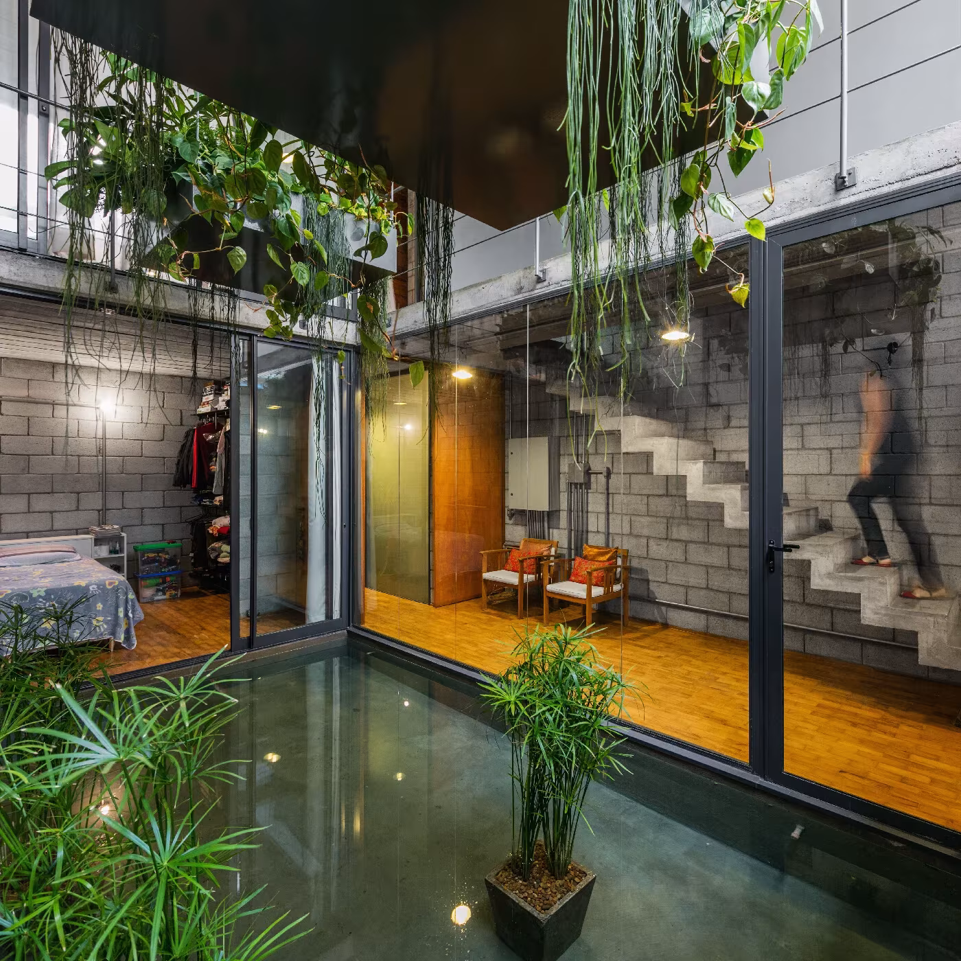 Estanque interior con plantas colgantes, escalera de bloque y dormitorio abierto en la Casa Mipibu de Terra e Tuma