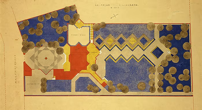 Plano de emplazamiento coloreado de la residencia Kallenbach en Berlín de Walter Gropius, con jardín geométrico y árboles