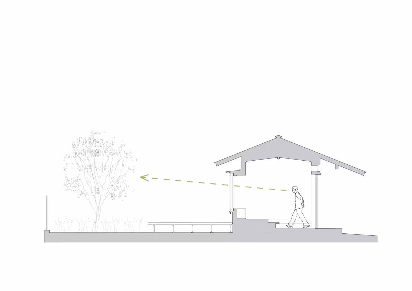Sección esquemática de la Casa Hiiragi con la visual desde el interior hacia el acebo del jardín