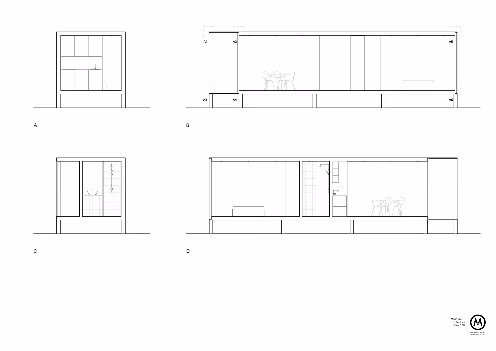 Secciones transversales y longitudinales de la MIMA Light con la cocina y el baño de la vivienda modular