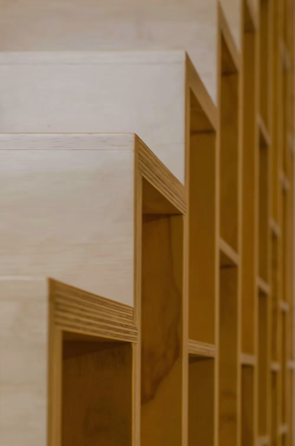 Detalle de estantería de madera clara escalonada con huecos recortados en la Casa BC de 3ARCH