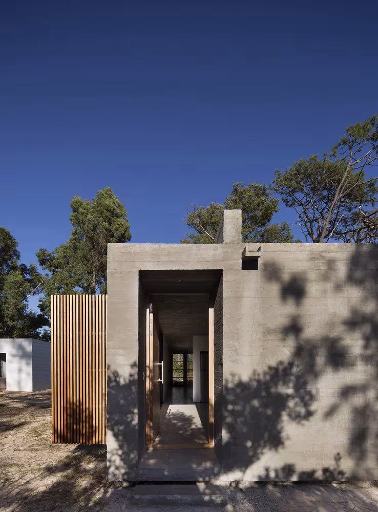 Entrada a la Casa Marindia por un paso de hormigón visto que atraviesa el volumen entre sombras de pinos