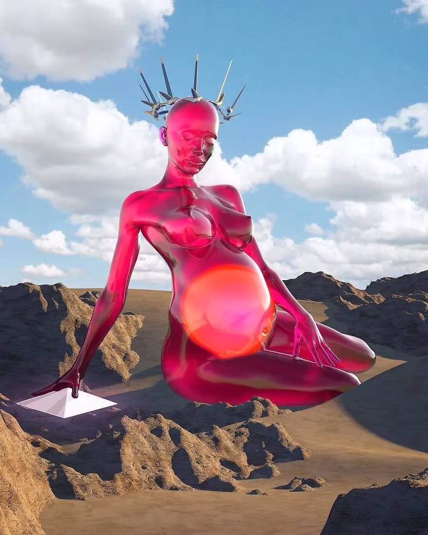 Escultura digital de Chad Knight, figura femenina rosa embarazada con corona de púas sentada sobre montañas