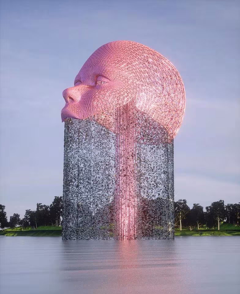 Cabeza rosa de malla sobre una torre calada en un lago, composición digital de Chad Knight