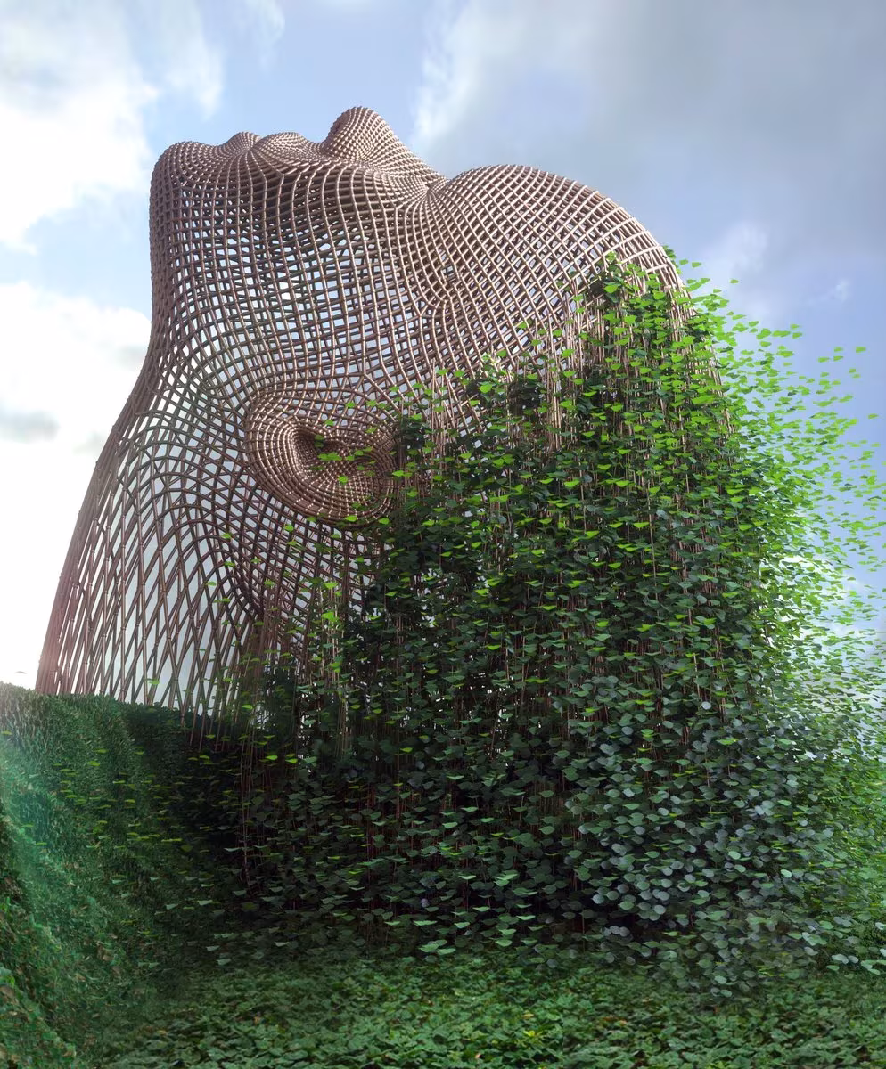 Rostro de malla de madera cubierto en parte por vegetación trepadora, escultura digital de Chad Knight