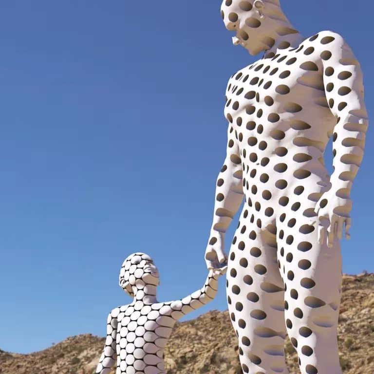 Escultura digital de Chad Knight de un adulto y un niño de la mano, con cuerpos de superficie perforada