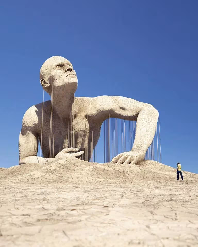 Figura masculina monumental de Chad Knight que se alza de la arena con hilos que caen de sus brazos