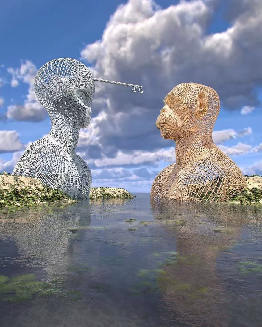 Composición digital de Chad Knight con dos bustos de malla metálica frente a frente en el agua unidos por una llave