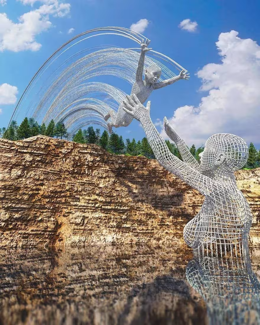 Escultura digital de Chad Knight con dos figuras de malla metálica que se lanzan arcos de hilos sobre un acantilado