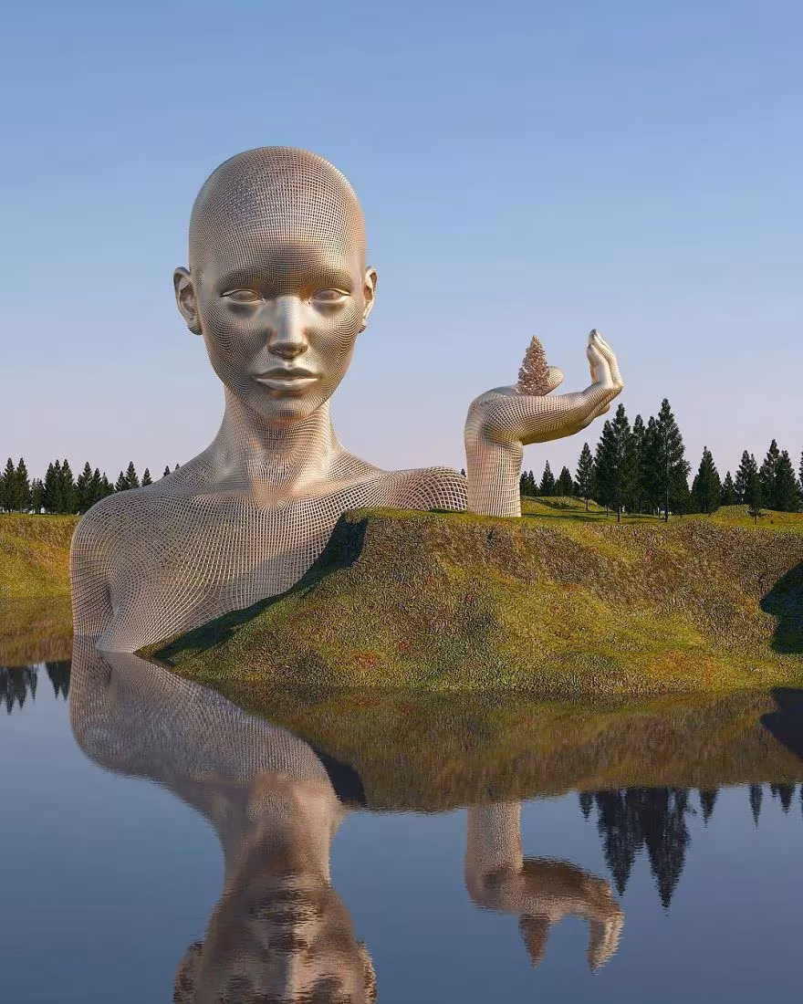 Busto femenino gigante de malla metálica emergiendo de un lago con una mano abierta, obra digital de Chad Knight