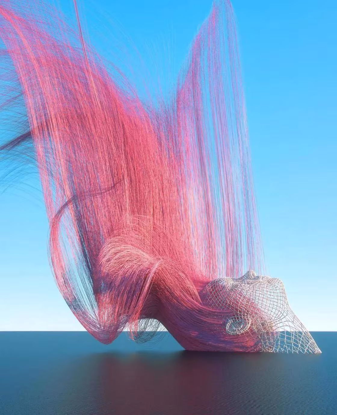 Cabello rosa en movimiento sobre una cabeza de malla que emerge del mar, imagen digital de Chad Knight