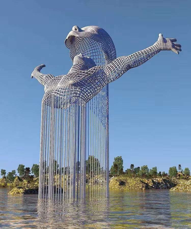 Figura de malla de Chad Knight con los brazos abiertos y el cuerpo deshecho en hilos que caen al agua