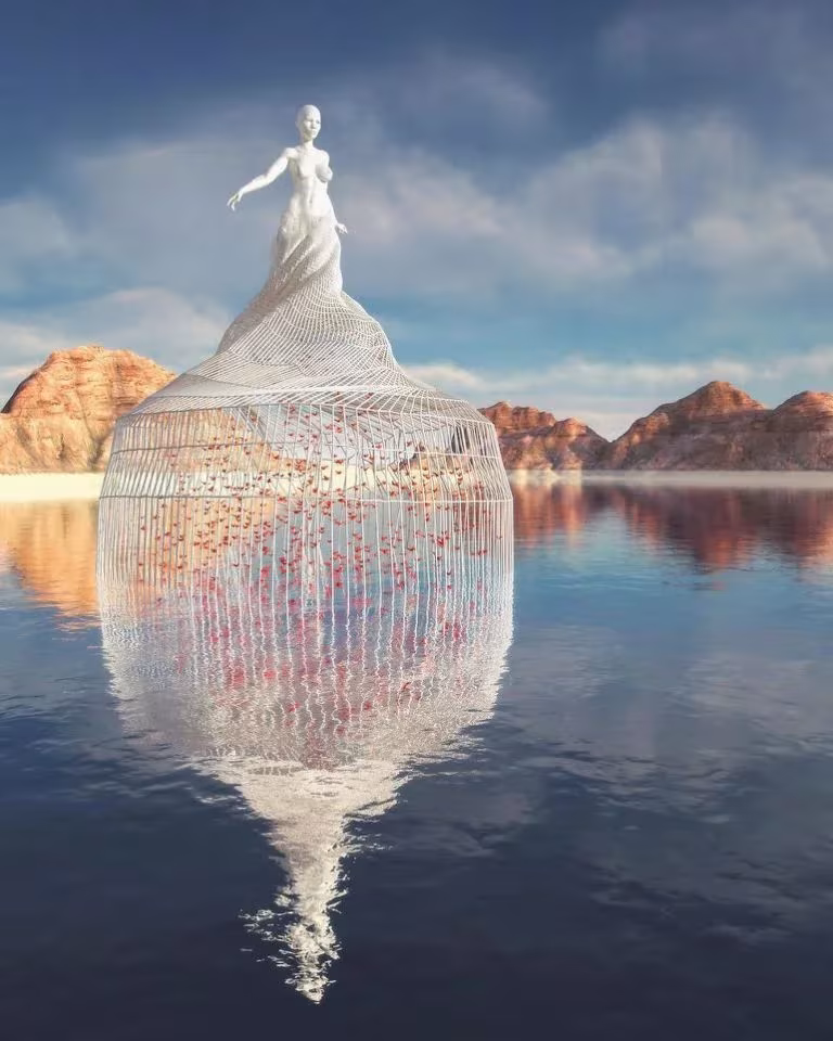 Composición digital de Chad Knight con una figura sobre una estructura de malla que se refleja en un lago