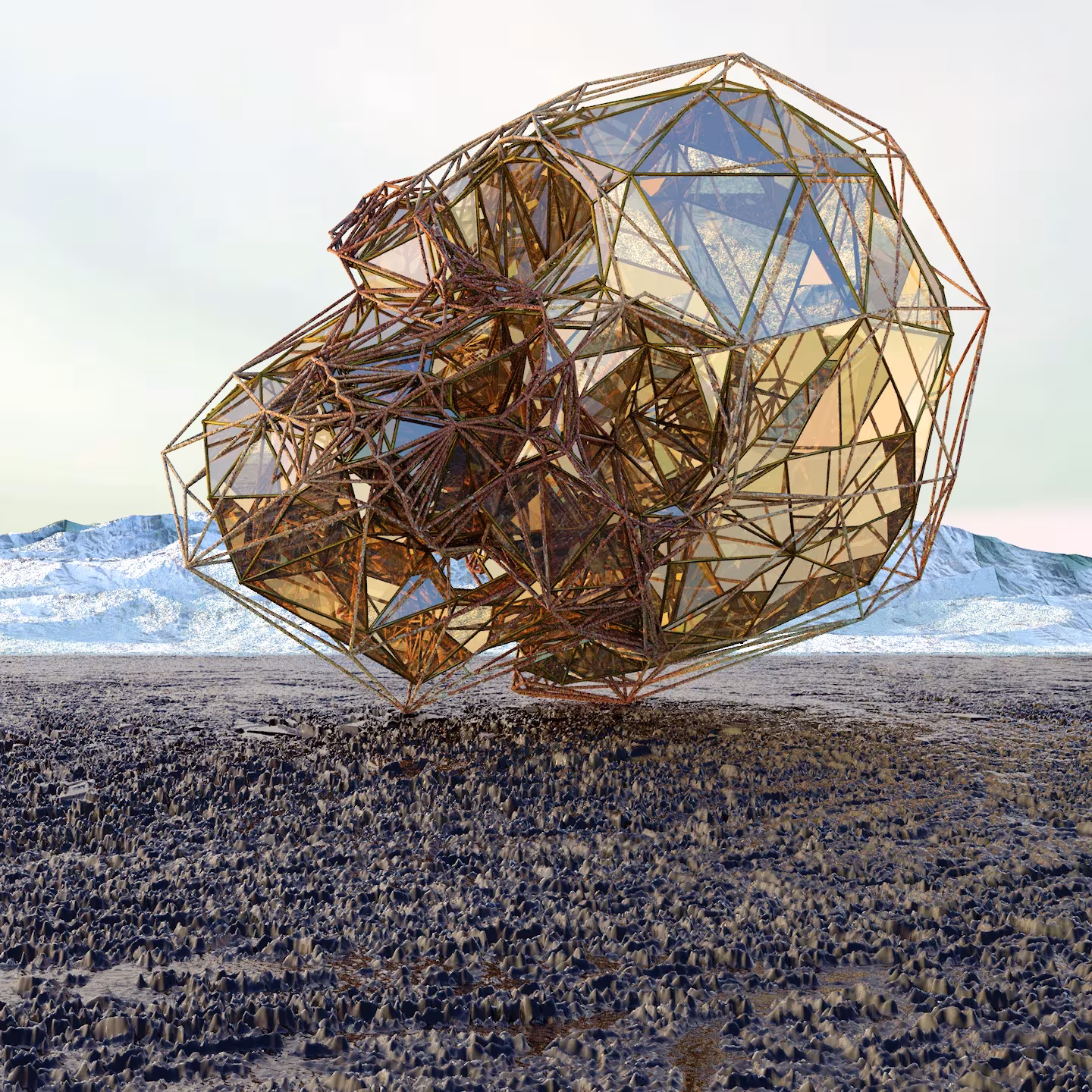 Cabeza digital de Chad Knight hecha de estructura geodésica dorada sobre un paisaje nevado