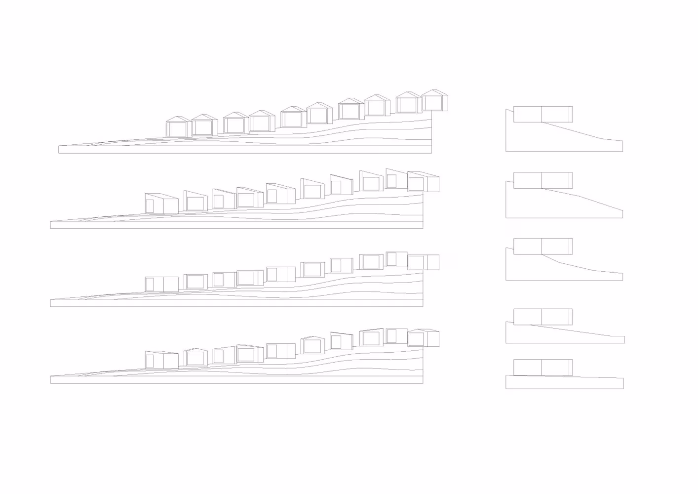 Alzados y secciones de las cinco casas del proyecto 5 Casas con sus cubiertas inclinadas sobre la ladera