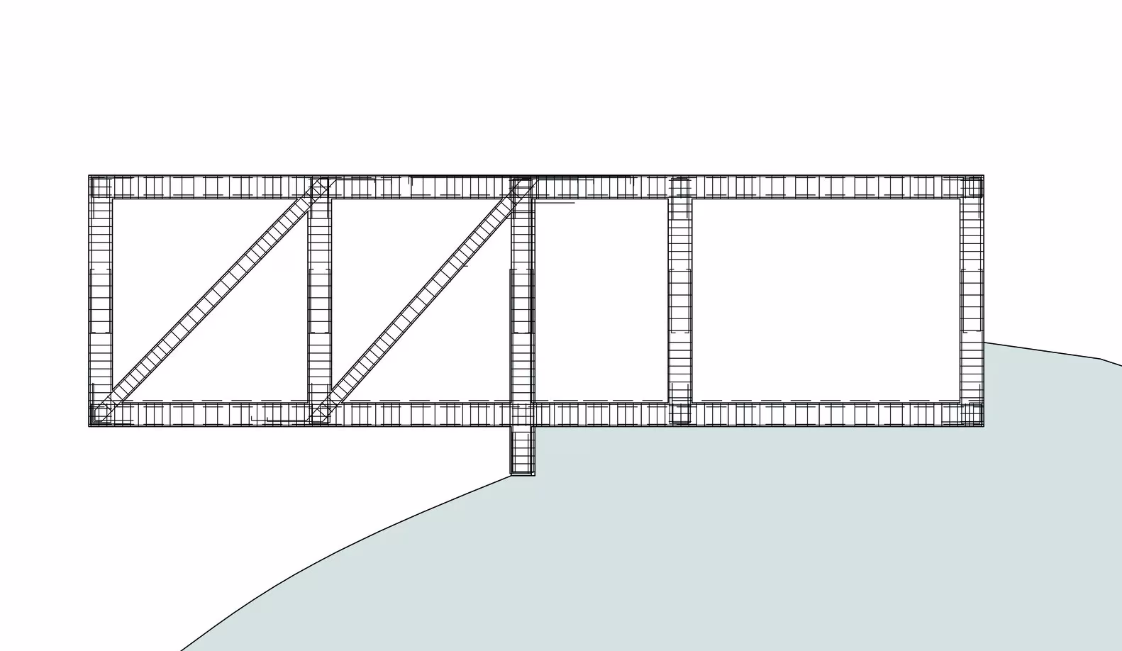 Esquema estructural de una de las casas de 5 Casas con pórticos y arriostramientos en diagonal sobre la ladera
