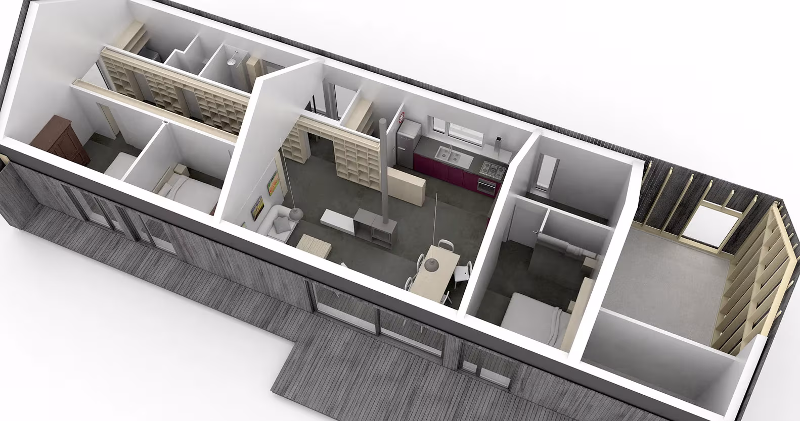 Axonometría seccionada de la vivienda de Mathieu Noël y Élodie Bonnefous con sus estancias en una sola planta alargada