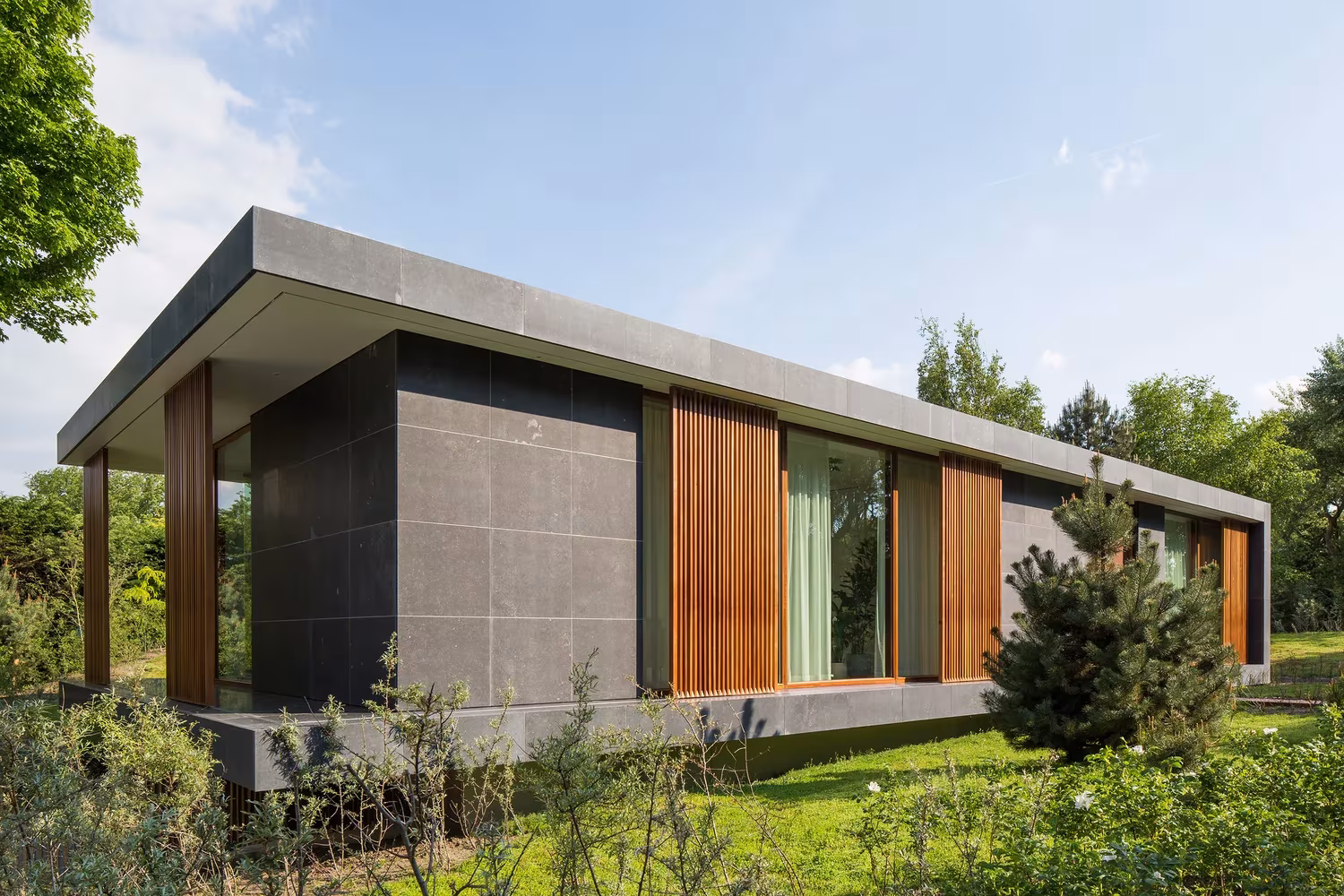 Villa H de BERG + KLEIN con cubierta plana volada, fachada de piedra oscura y lamas de madera entre árboles