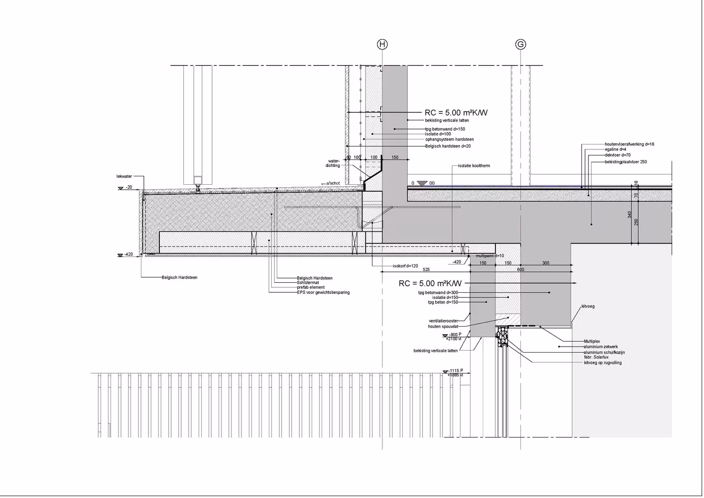 Detalle constructivo del encuentro entre fachada, forjado y cimentación en la Villa H, con sus capas anotadas