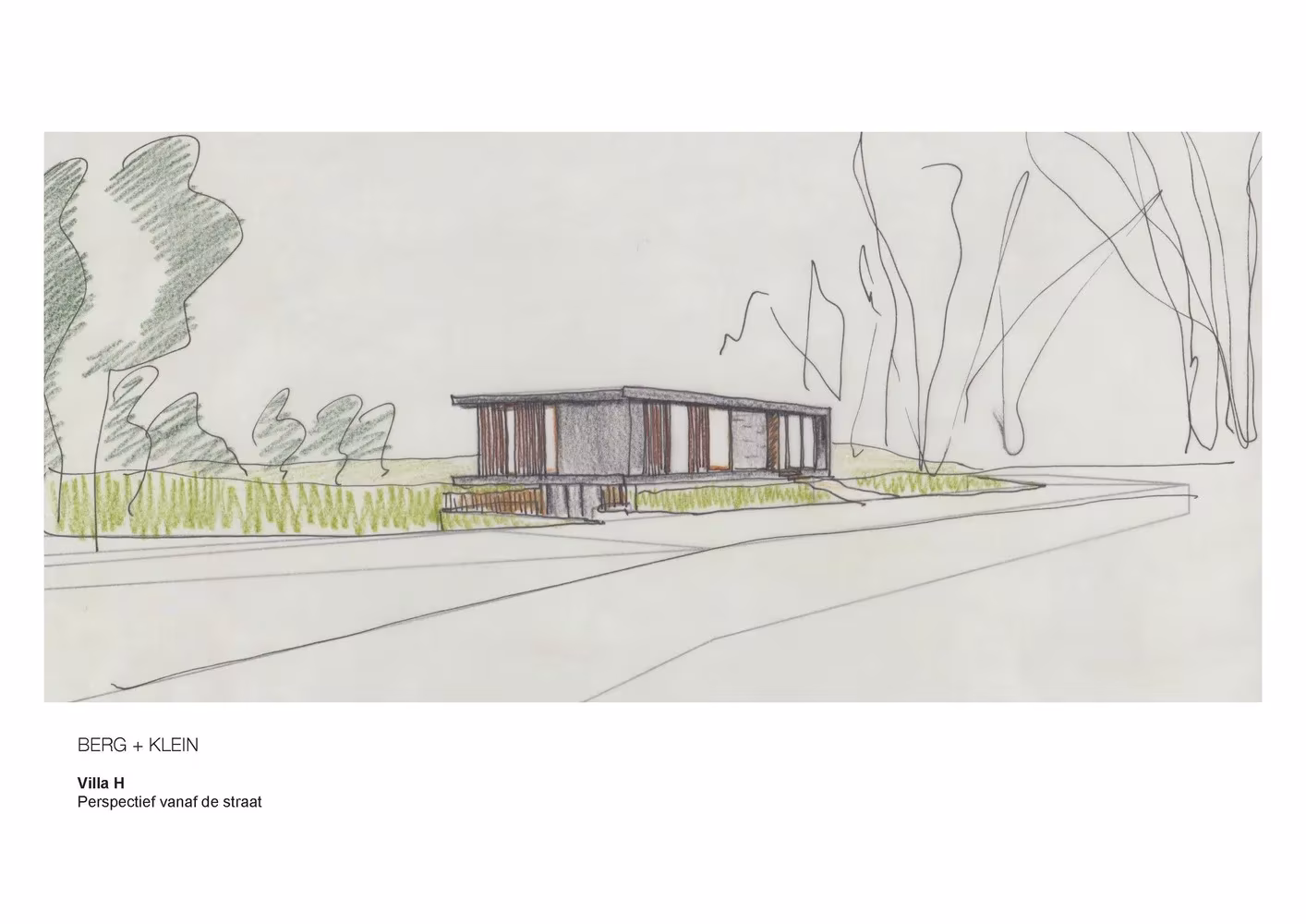 Boceto en perspectiva de la Villa H de BERG + KLEIN vista desde la calle entre árboles y dunas
