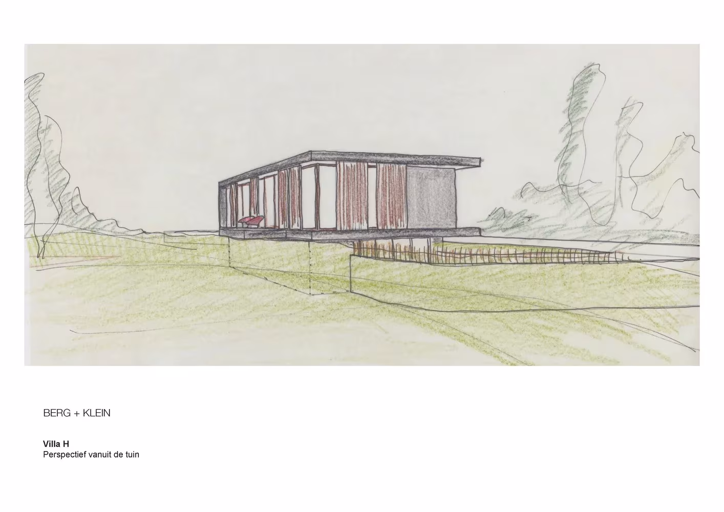 Boceto en perspectiva de la Villa H de BERG + KLEIN vista desde el jardín, con la cubierta volada y las lamas
